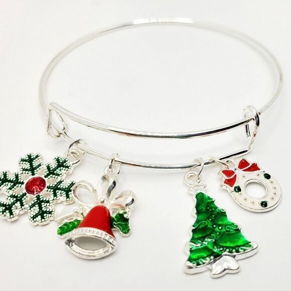 Silver Christmas Charm Bangle Bracelet - Picture 5 of 9